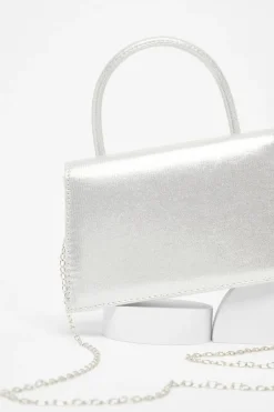 Quiz Satin Double Bow Bag Silver New