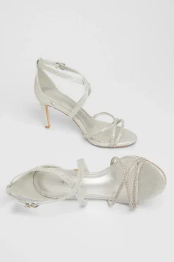 Quiz Silver Shimmer Cross Strap Heels Clearance