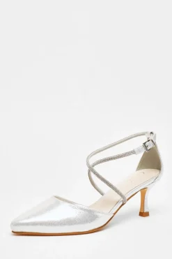 Quiz Shimmer Cross Strap Court Heels Silver Sale