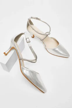 Quiz Shimmer Cross Strap Court Heels Silver Sale