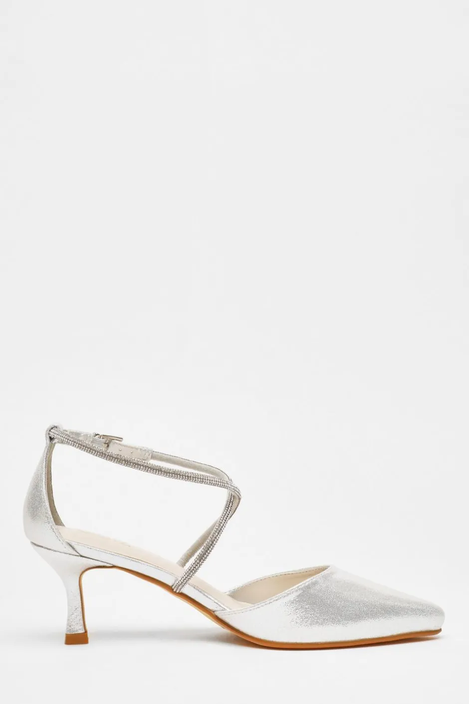 Quiz Shimmer Cross Strap Court Heels Silver Sale