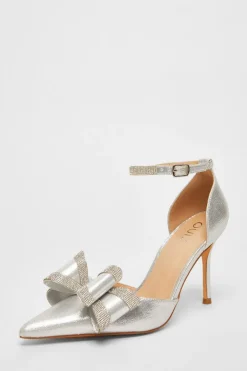 Quiz Shimmer Diamante Bow Court Heels Silver