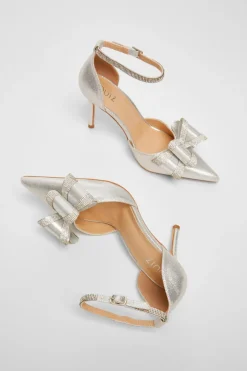 Quiz Shimmer Diamante Bow Court Heels Silver