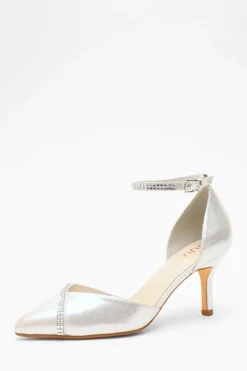 Quiz Silver Shimmer Diamante Trim Court Heels Discount