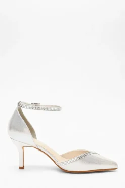 Quiz Silver Shimmer Diamante Trim Court Heels Discount