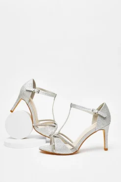 Quiz Silver Shimmer T-Bar Heeled Sandals New