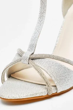 Quiz Silver Shimmer T-Bar Heeled Sandals New
