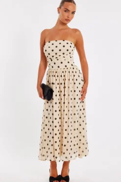 Quiz Chiffon Polka Dot Midi Dress Stone
