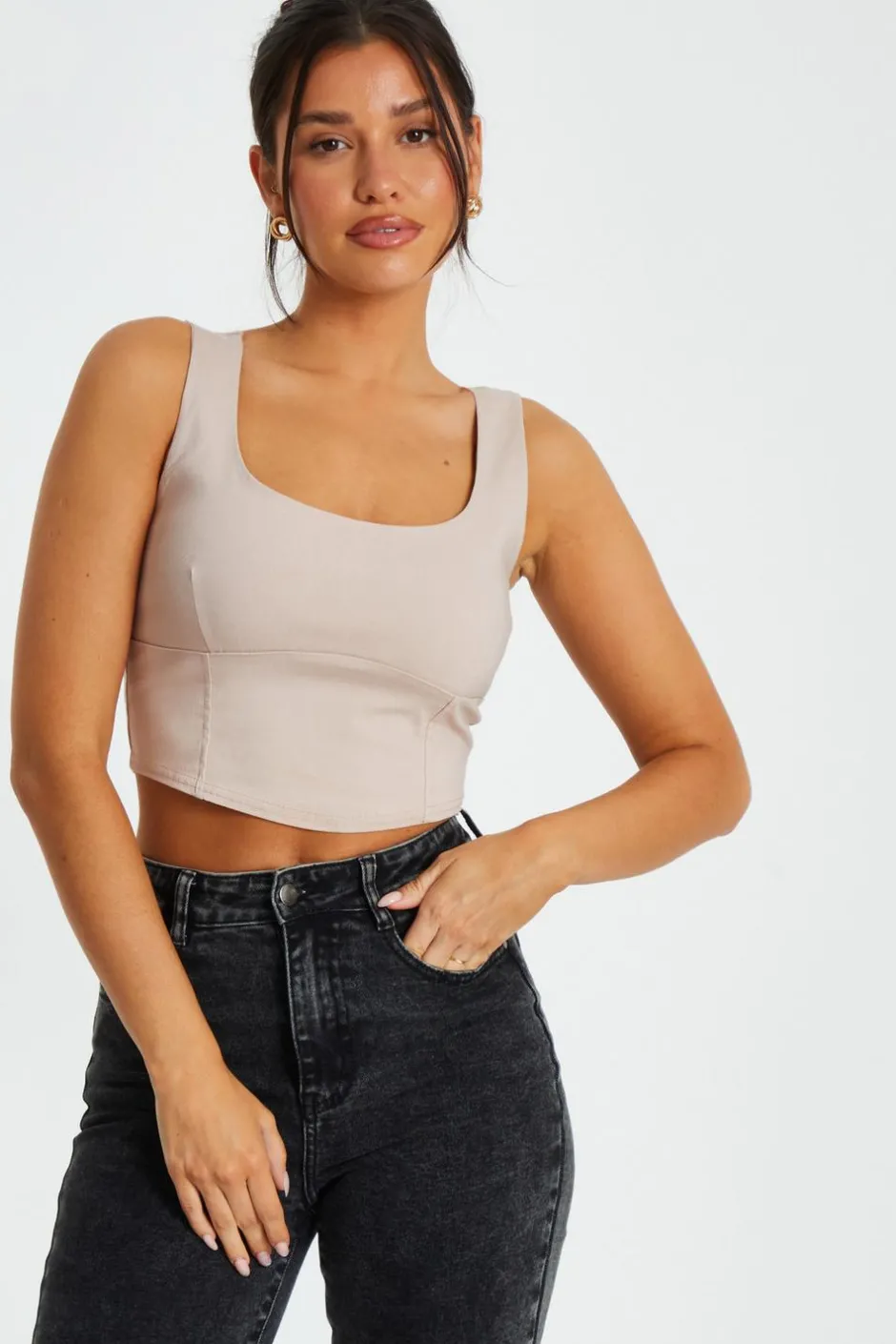 Quiz Corset Detail Crop Top Stone Outlet