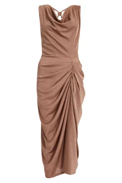 Quiz Cowl Neck Ruched Midi Dress Stone