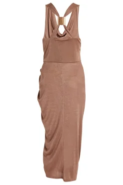 Quiz Cowl Neck Ruched Midi Dress Stone