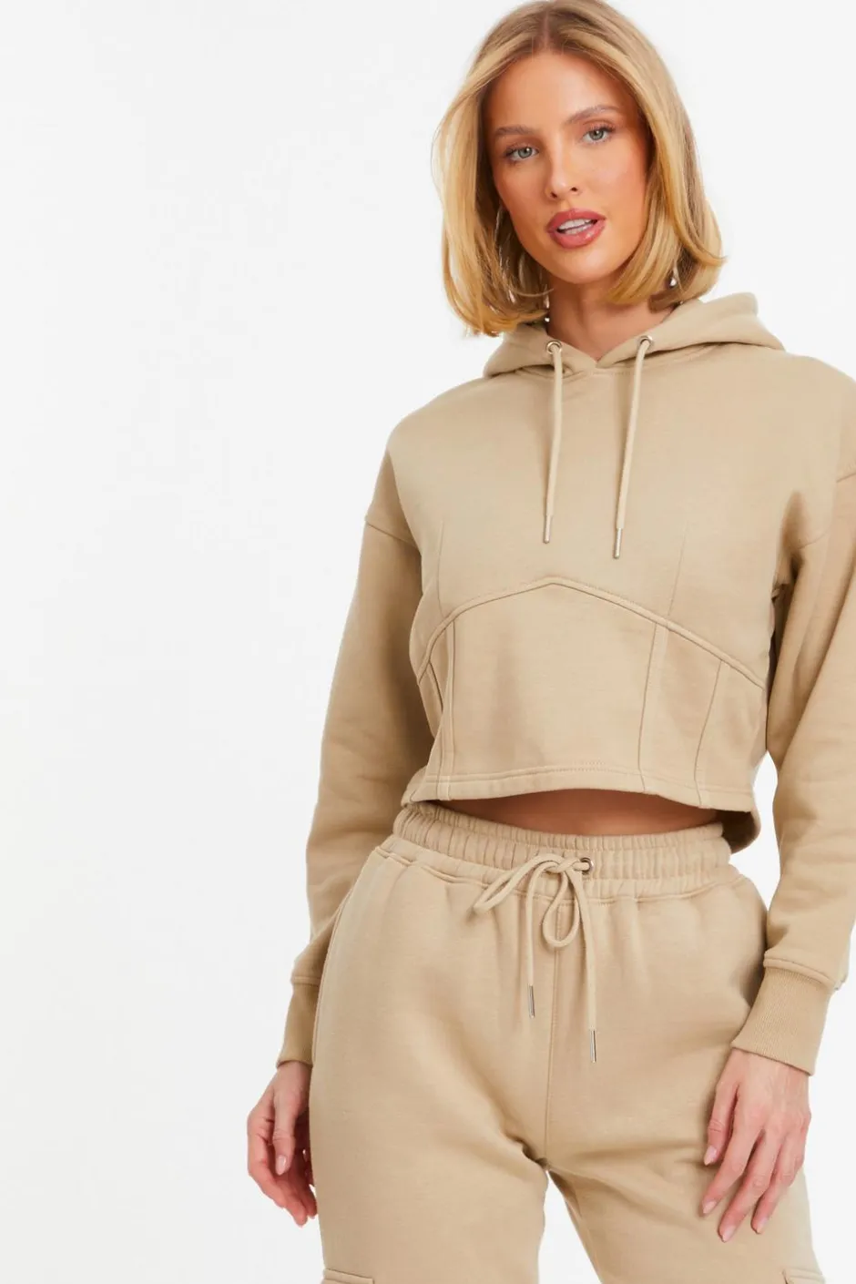 Quiz Cropped Corset Hoodie Stone Outlet