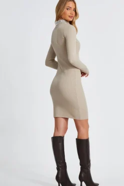 Quiz Diamante Roll Neck Dress Stone Best