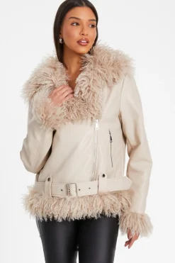 Quiz Stone Faux Fur Contrast Belted Jacket New