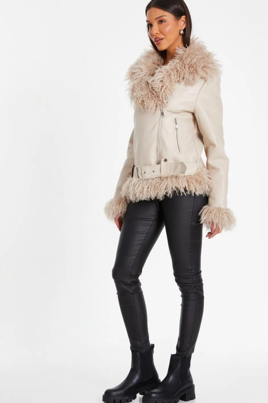 Quiz Stone Faux Fur Contrast Belted Jacket New