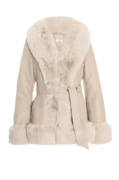 Quiz Stone Faux Fur Trim Belted Jacket Discount