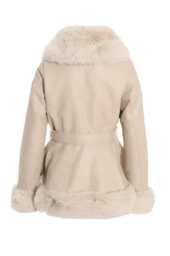 Quiz Stone Faux Fur Trim Belted Jacket Discount