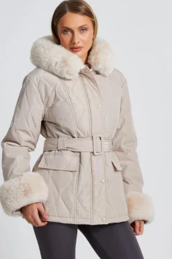 Quiz Faux Fur Trim Jacket Stone Best