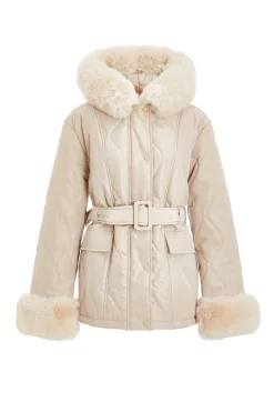 Quiz Faux Fur Trim Jacket Stone Best