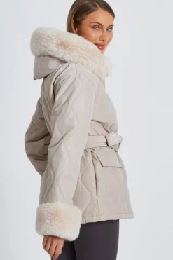 Quiz Faux Fur Trim Jacket Stone Best