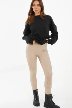 Quiz Faux Leather Seam Leggings Stone Clearance