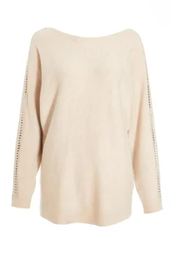 Quiz Knit Diamante Sleeve Jumper Stone Clearance