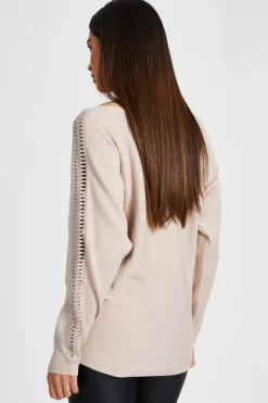 Quiz Knit Diamante Sleeve Jumper Stone Clearance