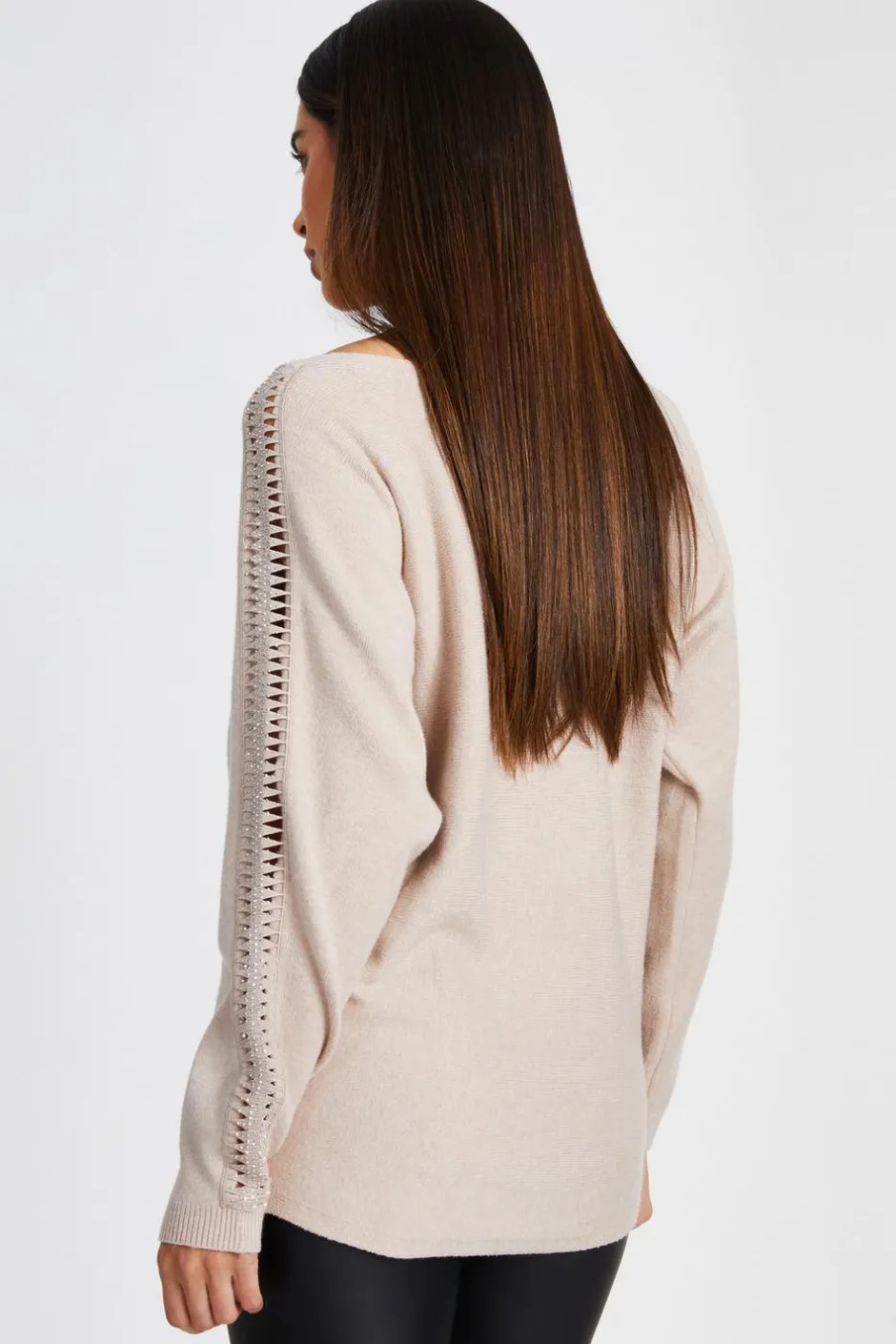 Quiz Knit Diamante Sleeve Jumper Stone Clearance
