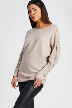 Quiz Knit Diamante Sleeve Jumper Stone Clearance