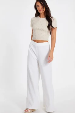 Quiz Knit Embellished Crop Top Stone New