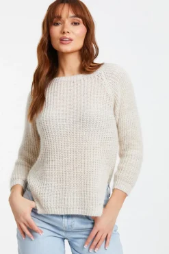 Quiz Stone Knit Split Hem Necklace Jumper Beige Best