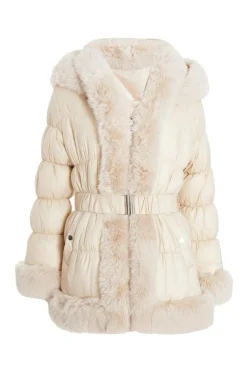 Quiz Padded Faux Fur Trim Jacket Stone Sale