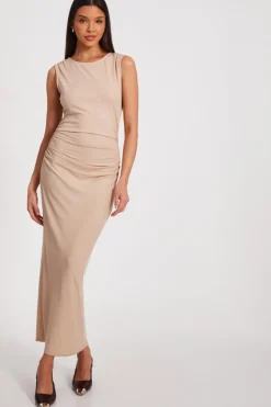 Quiz Ribbed Midaxi Dress Stone Clearance