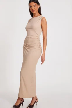 Quiz Ribbed Midaxi Dress Stone Clearance