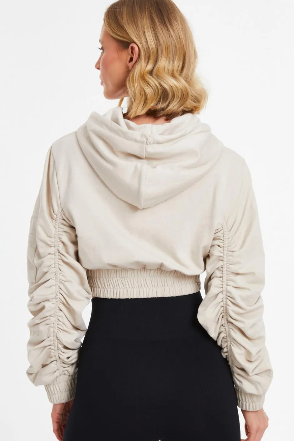 Quiz Ruched Sleeve Cropped Hoodie Stone Discount