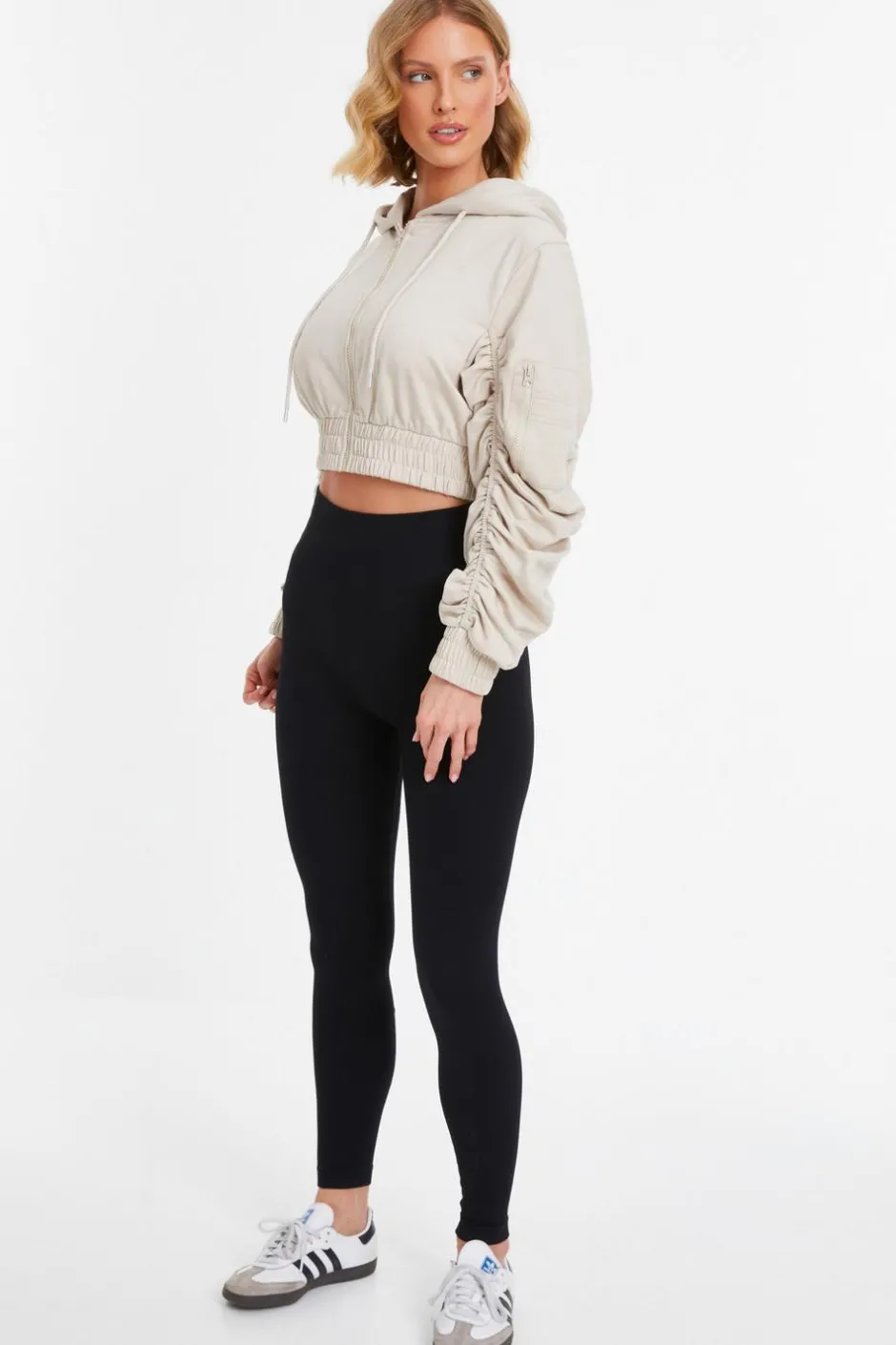 Quiz Ruched Sleeve Cropped Hoodie Stone Discount