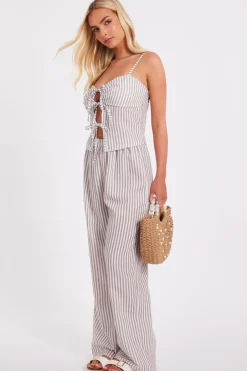 Quiz Stone Striped Wide Leg Trousers Online