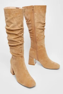 Quiz Faux Suede Ruched Heeled Boots Taupe Hot