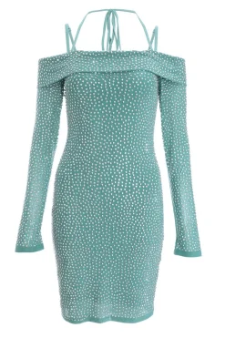 Quiz Teal Rhinestone Bodycon Mini Dress Discount
