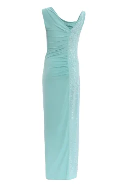 Quiz Teal Rhinestone Ruched One Shoulder Maxi Dress New