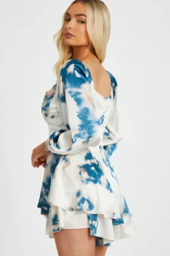 Quiz Teal Smudge Satin Playsuit Outlet