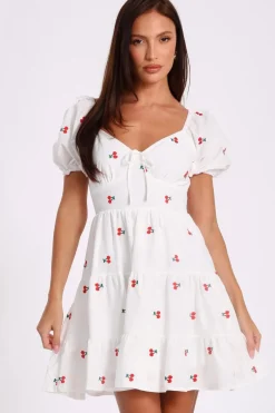 Quiz White Cherry Print Skater Dress New