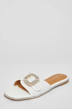 Quiz Diamante Buckle Flat Sandals White Discount
