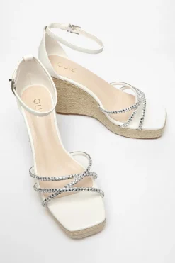 Quiz Diamante Cross Strap Wedges White Hot