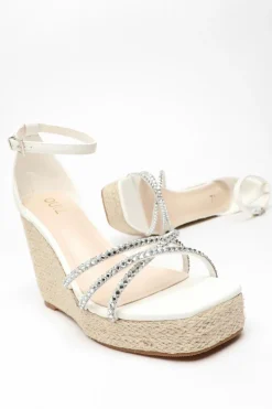Quiz Diamante Cross Strap Wedges White Hot