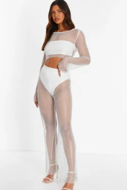 Quiz White Diamante Mesh Trousers Sale