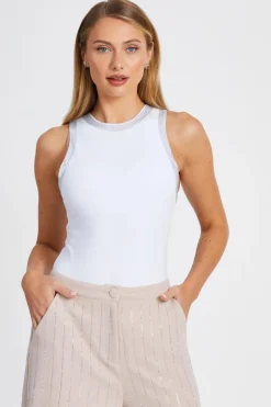 Quiz Diamante Trim Bodysuit White Clearance