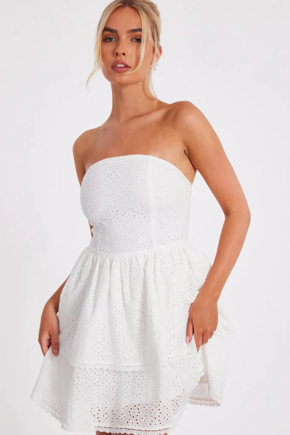 Quiz White Embroidered Bandeau Mini Dress New