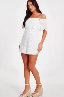 Quiz White Embroidered Bardot Playsuit Online