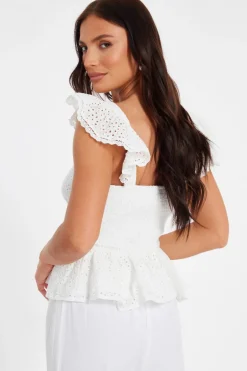 Quiz White Embroidered Peplum Top Online